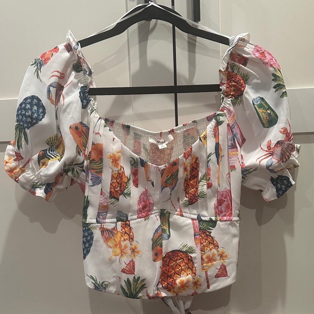 Tropical Print Puff Sleeve Top Size L